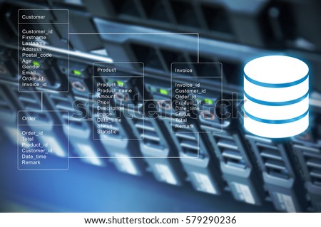 Database table with server storage and network in datacenter background