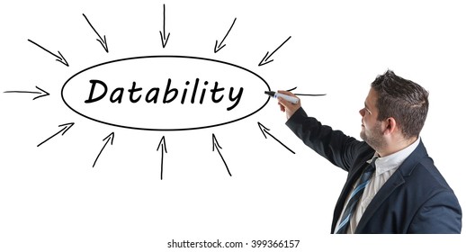 Datability - young businessman drawing information concept on whiteboard. 