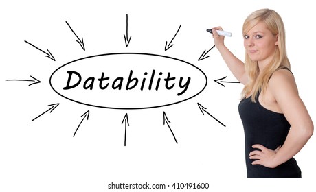 Datability - young businesswoman drawing information concept on whiteboard. 