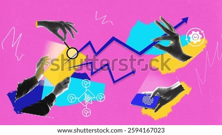 Data-driven optimization. Hands interact with graph lines, magnifying glass, gear icon, and fingerprint card. Analytics and market research. Digital marketing, social media concept. Photocopy effect