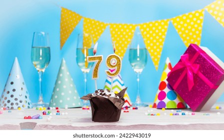 Date of birth for woman or girl with birthday box. Pie with number of candles  79. Anniversary greeting card with champagne. Holiday decorations. Happy birthday