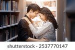 Date In Bookstore. Two shy multiethnic students hugging at library, flirting and sharing romantic moment