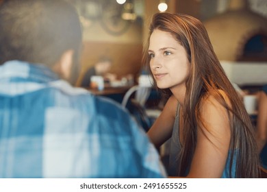 Date, love and romance with couple in coffee shop together for anniversary, bonding or conversation. Relax, weekend or window with man and woman in cafe, diner or restaurant for dating or talking - Powered by Shutterstock