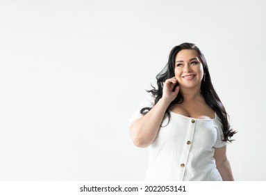 Date Meeting. Flirting Fatty Woman. Body Positive. Enjoying Life. Pretty Smiling Plus Size Lady Talking Mobile Phone Isolated White Copy Space.