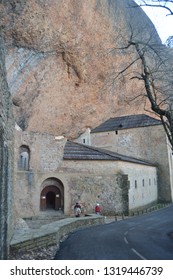 Dated In The 11th Century Main Facade Of The Royal Monastery Of San Juan De La Peña In Botaya. Travel, Landscapes, Nature, Architecture. December 28, 2014. Botaya, Huesca, Aragon. Spain.