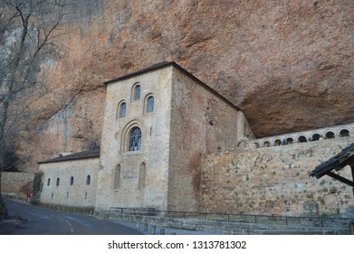 Dated In The XI Century Side Facade Of The Royal Monastery Of San Juan De La Peña In Botaya. Travel, Landscapes, Nature, Architecture. December 28, 2014. Botaya, Huesca, Aragon. Spain.