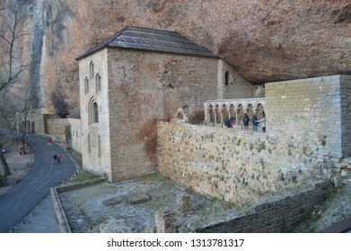 Dated In The XI Century Side Facade Of The Royal Monastery Of San Juan De La Peña In Botaya. Travel, Landscapes, Nature, Architecture. December 28, 2014. Botaya, Huesca, Aragon. Spain.