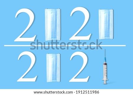 Dates of 2020 and 2021 with medical masks and vaccine syringe