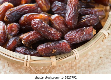 Dates Fruit. Pile Of Fresh Dried Date Fruits In A Basket.