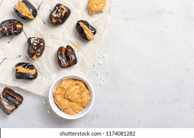 Dates with Peanut Butter Filling, Dark Chocolate and Sea Salt, Homemade Vegan Snack Dessert