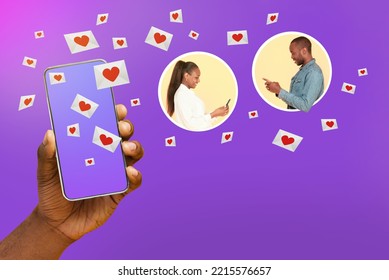 Dating Application. Black Couple Texting On Phones Posing Near Big Hand Holding Smartphone Over Purple Studio Background With Love Letters Icons. Technology And Love. Collage