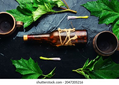 Datura medicinal tincture in a glass bottle. Herbal medicine