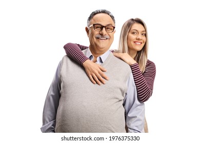 Daughter Hugging Her Father And Smiling At Camera Isolated On White Background