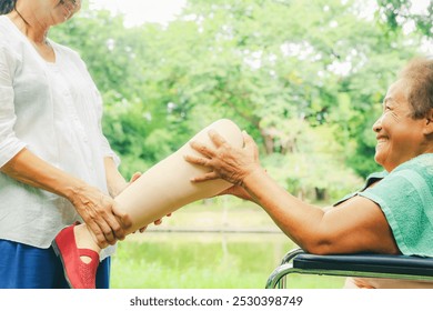 Daughter or nurse caring an elderly disabled woman who has had her legs amputated and is in a wheelchair and is being treated diabetes holds prosthetic leg to be fitted relieve her disability. - Powered by Shutterstock