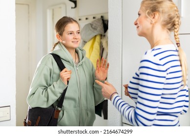 Daughter Saying Goodbye His Mom In Entrance Hall Of Apartment