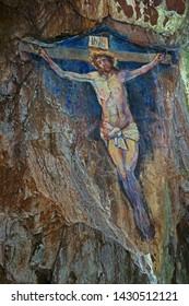 Davaar Island, Argyll And Bute, Scotland, 
June 14th, 2019 The Cave Painting Of The Crucifixion Of Jesus Christ Was Completed In The 1880's. It Has Recently Been Restored After Being Vandalised.