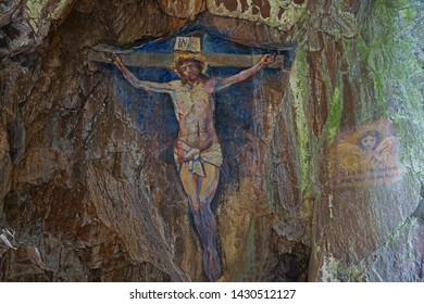 Davaar Island, Argyll And Bute, Scotland, June 14th, 2019 The Cave Painting Of The Crucifixion Of Jesus Christ Was Completed In The 1880's. It Has Recently Been Restored After Being Vandalised.