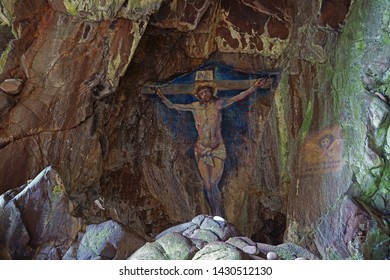 Davaar Island, Argyll And Bute, Scotland, 
June 14th, 2019 The Cave Painting Of The Crucifixion Of Jesus Christ Was Completed In The 1880's. It Has Recently Been Restored After Being Vandalised.