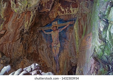 Davaar Island, Argyll And Bute, Scotland, June 14th, 2019 The Cave Painting Of The Crucifixion Of Jesus Christ Was Completed In The 1880's. It Has Recently Been Restored After Being Vandalised.