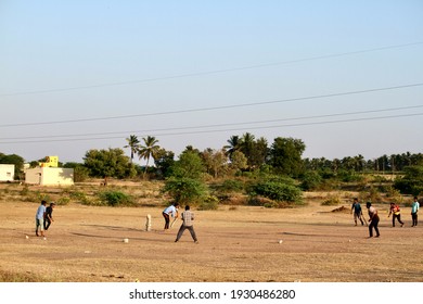 Davangere, Karnataka, India - Feb 28, 2021: A Few Village Indian Boys Are Playing Gully Cricket.