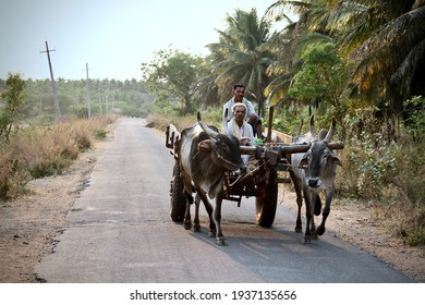 Davangere, Karnataka, India - March 16, 2021: Two South Indian Farmers Are Riding A Bullock Cart On A Nearby Village Road.