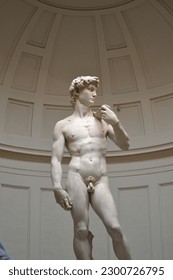 David of Michelangelo. Statue is located at Galleria dell'Accademia, Florence, Italy, and it's a masterpiece from the Renaissance period. - Shutterstock ID 2300726795