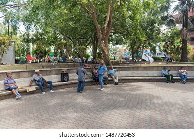 DAVID PANAMA-MARCH 21, 2019: Couple Dancing In The Miguel De Cervantes Saavedra Park In David Panama