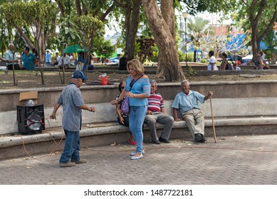 DAVID PANAMA-MARCH 21, 2019: Couple Dancing In The Miguel De Cervantes Saavedra Park In David Panama