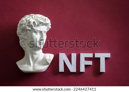 David Statue and NFT concept of digital art and cryptocurrency online for buying and selling in the metaverse as well as vaporwave style