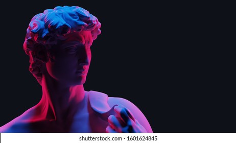 David's Sculpture On A Dark Background. Neon lights. Abstraction. Double exposure.