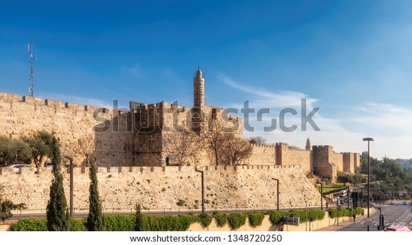 David\'s\
tower at sunset in old city of Jerusalem,\
Israel