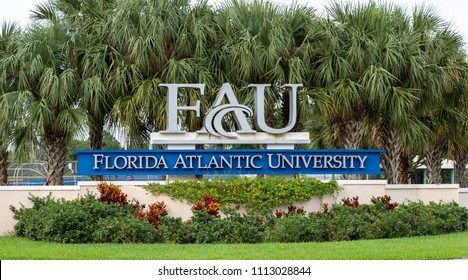 DAVIE, FLORIDA, USA - JUNE 14, 2018: Florida Atlantic University, Davie Campus Entrance Sign