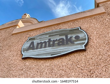 Davis, CA - February 15, 2020: Amtrak Train And Bus Station Depot Sign On The Building￼ Outside.