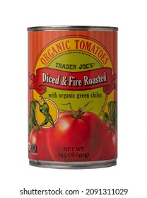 Davis , California, USA - December, 12, 2021. A 411g Can Of Trader Joe's Organic Diced And Fire Roasted Tomatoes With Organic Green Chiles, Isolated On White