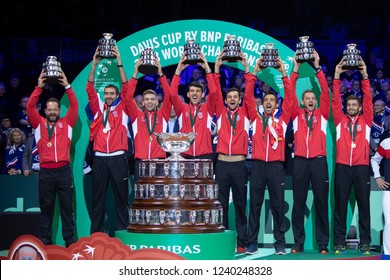 Davis cup 2018: Team Croatia celebrate during the trophy ceremony after winning the Davis Cup during day 3 of Davis Cup final at Stade Pierre Mauroy on November 25, 2018 in Lille, France.