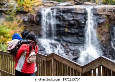 Davis, USA - October 5, 2020: Blackwater Falls State Park Famous Waterfall In West Virginia During Autumn Fall Season With People Family Children Tourists At Overlook