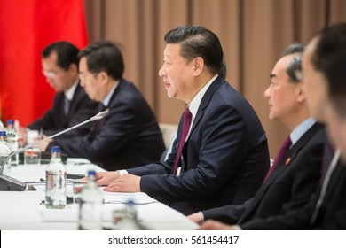 DAVOS, SWITZERLAND - Jan 17, 2017: President of the Peoples Republic of China Xi Jinping during a meeting with Ukrainian President Petro Poroshenko at World Economic Forum Annual Meeting 2017