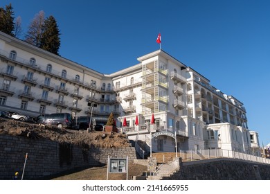 Davos, Switzerland, March 23, 2022 Facade of the popular hotel Belvedere in the city center on a sunny day