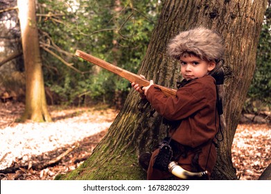 Davy Crockett Portrait Of A Young Boy Dressed In A North American Colonial Costume