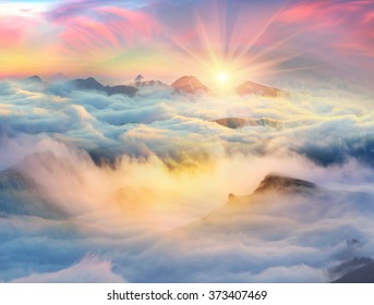 At dawn, after a warm rain ridges Chornogory haze enveloped with rays of sunshine. Sea fog in the pink light is very beautiful and fabulous, picturesque vague wave rolled on the slopes of the peaks