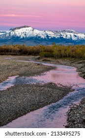 Dawn Along The Teton River With Ear Mountain In Background Near Choteau, Montana, USA