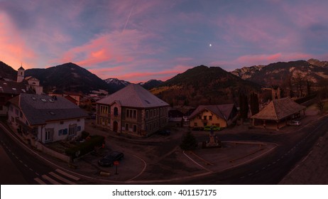 Dawn in the central square Le Biot village Haute Savoie French Alps