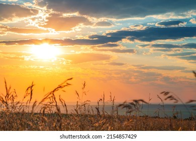 Dawn in a field over the horizon in summer. The sun in the blue autumn sky with clouds. Landscape with golden yellow orange sunset at dusk in the meadows of the Saratov region in Russia. - Powered by Shutterstock