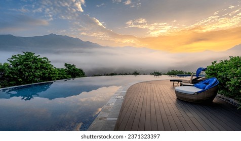 Dawn at the infinity pool of the 5-star Le Cham resort in Tu Le commune, Van Chan district, Yen Bai province, Vietnam - Powered by Shutterstock