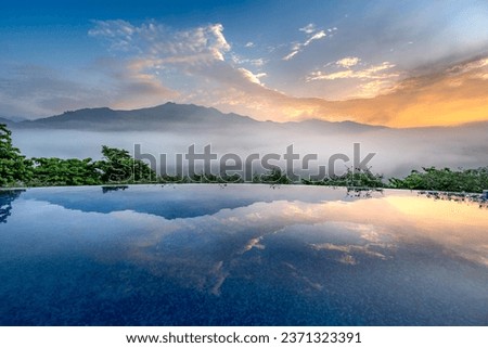 Dawn at the infinity pool of the 5-star Le Cham resort in Tu Le commune, Van Chan district, Yen Bai province, Vietnam