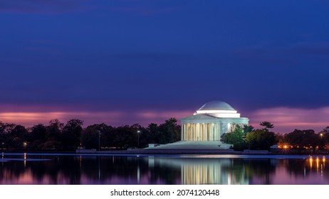 Dawn At The Jefferson Memorial Along The Tidal Basin In Washington, DC.