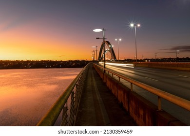 Dawn At JK Bridge In Brasília, Brazil. Shore Of Lake Paranoá. Cityscape.