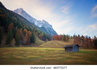 Dawn In The Karwendel Mountains, Beautiful Mountain Landscape Bavaria In Autumn