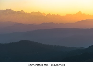 Dawn light hits the peaks of the Himalayan panorama as seen from the Indian town of Kausani in Kumaon, Uttarakhand. - Shutterstock ID 1539039998