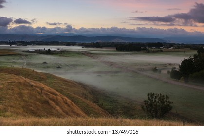 Dawn On A Dairy Farm In New Zealand.